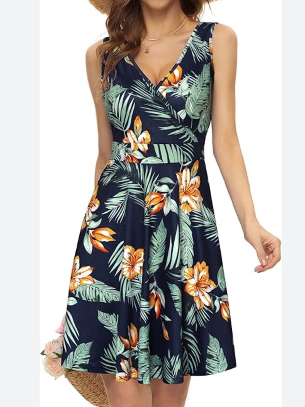Floral V-Neck Sleeveless Sundress - Navy